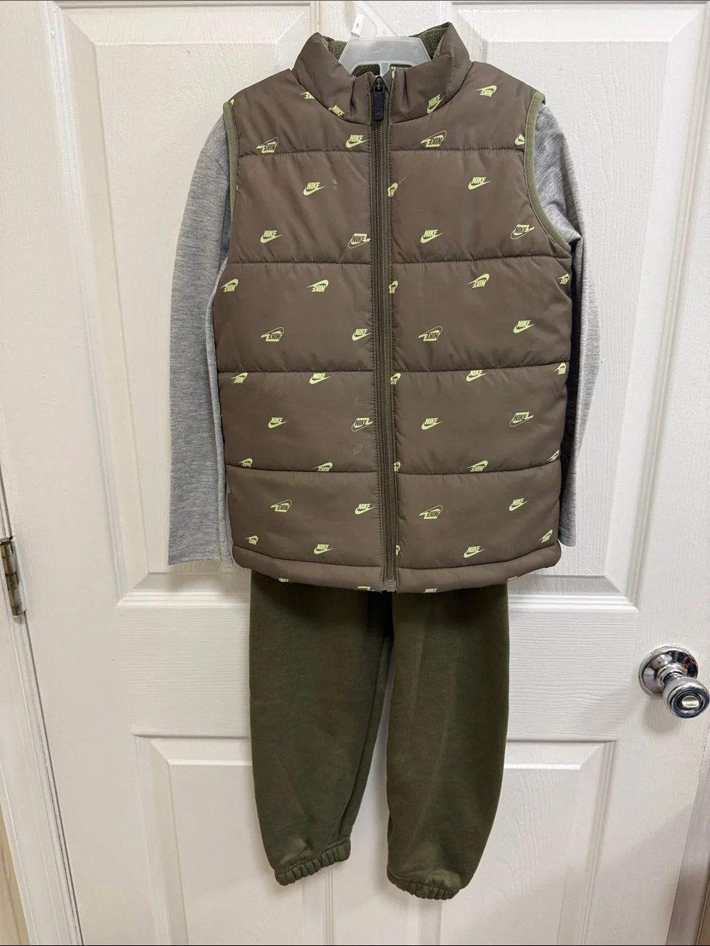 Nike Olive Puffer Vest, Shirt and Jogger Set, Size 5